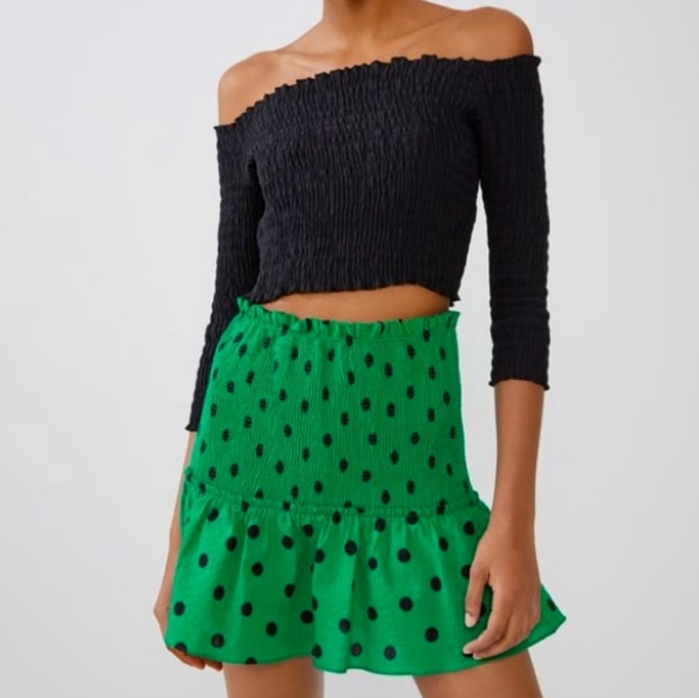 Zara Green/Black Polka Dot 100% Cotton Smocked Skirt, Size M ~ EUC